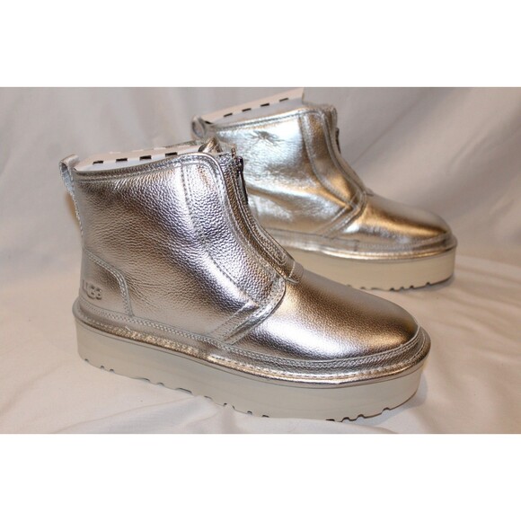 UGG WOMEN'S SILVER LEATHER NEUMEL ZIP UP PLATFORM BOOTS SZ 9 NIB - Picture 2 of 7